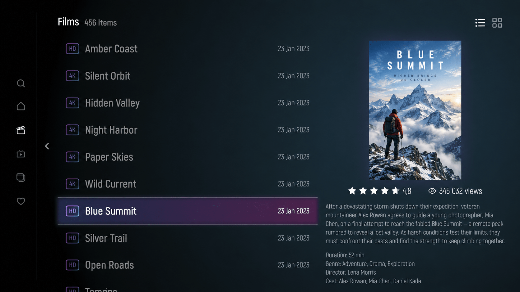 OTT+ Player Pro interface with fictional demo content