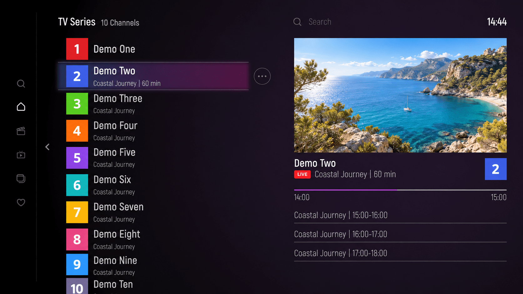 OTT+ Player Pro interface with fictional demo content