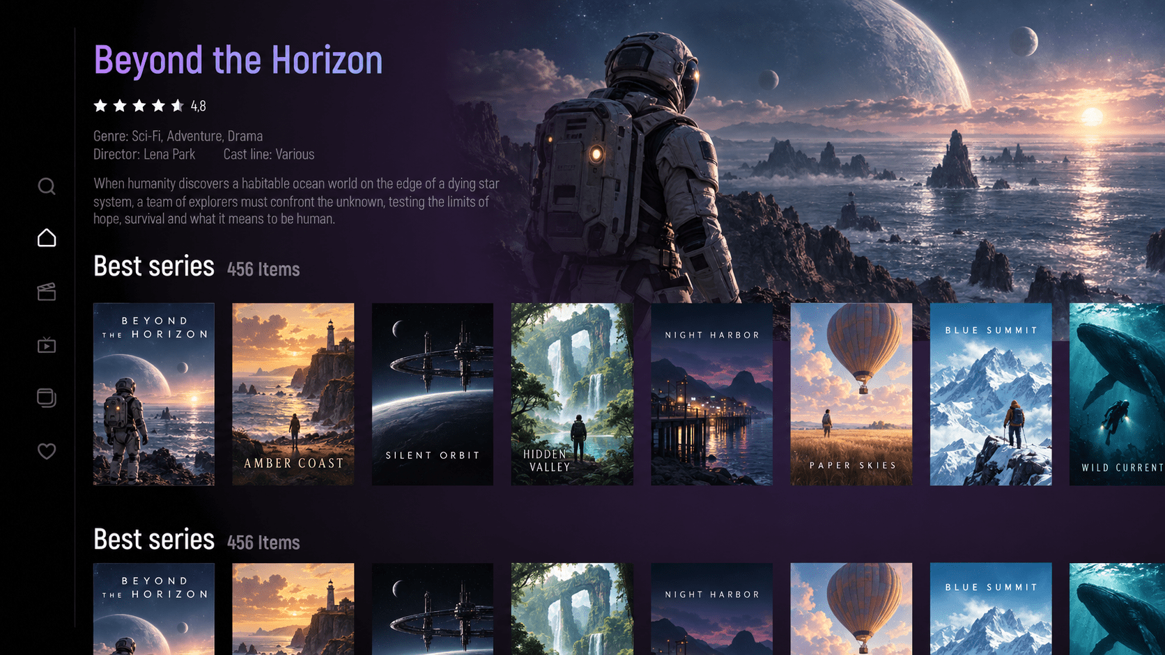 OTT+ Player Pro interface with fictional demo content