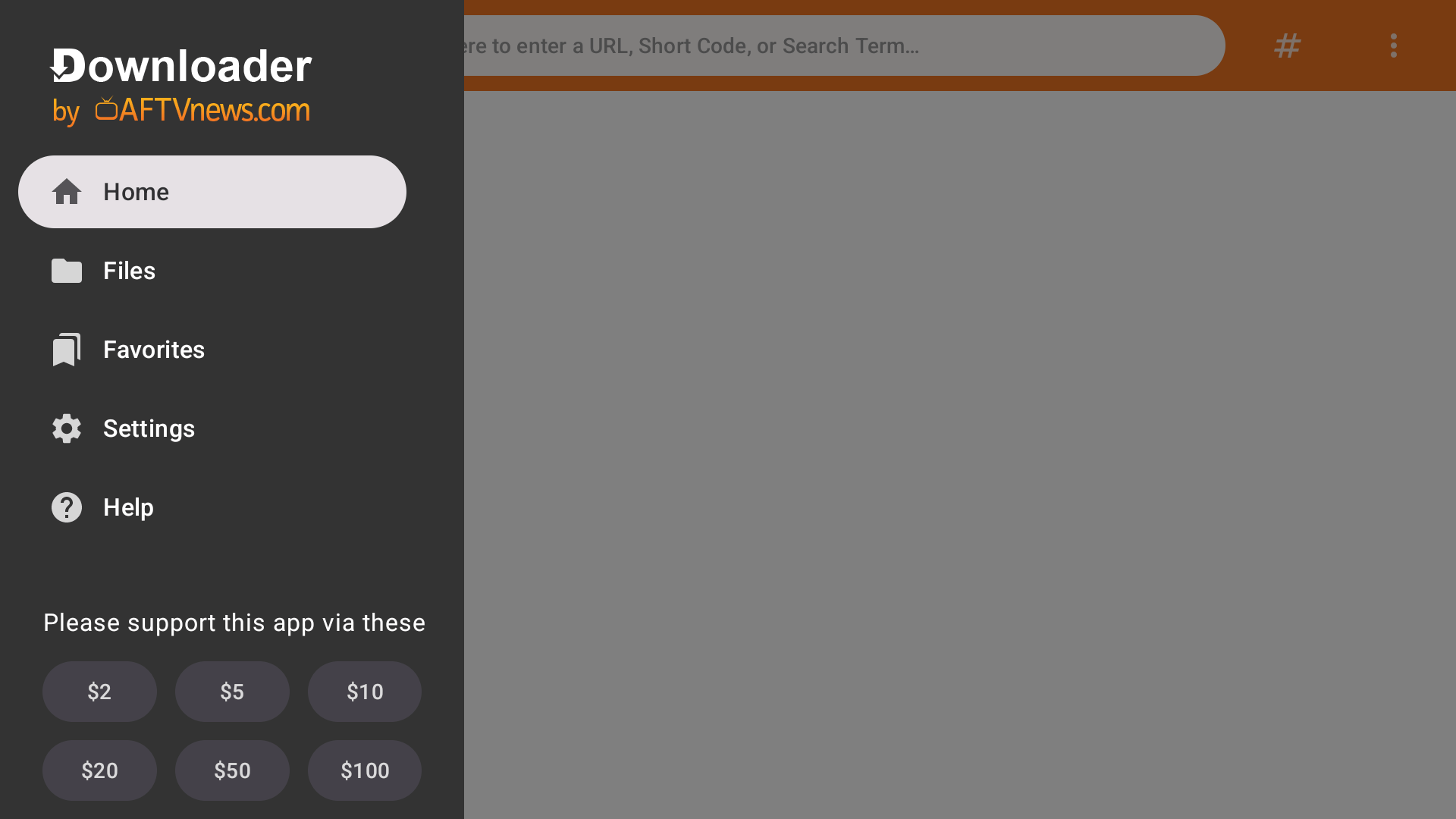 Downloader by AFTVnews home screen with the URL, short code or search field